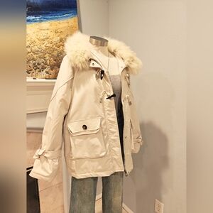 Fox Fur Down Parka — 90% White Duck Down, Jacquard Texture, Adjustable Hem